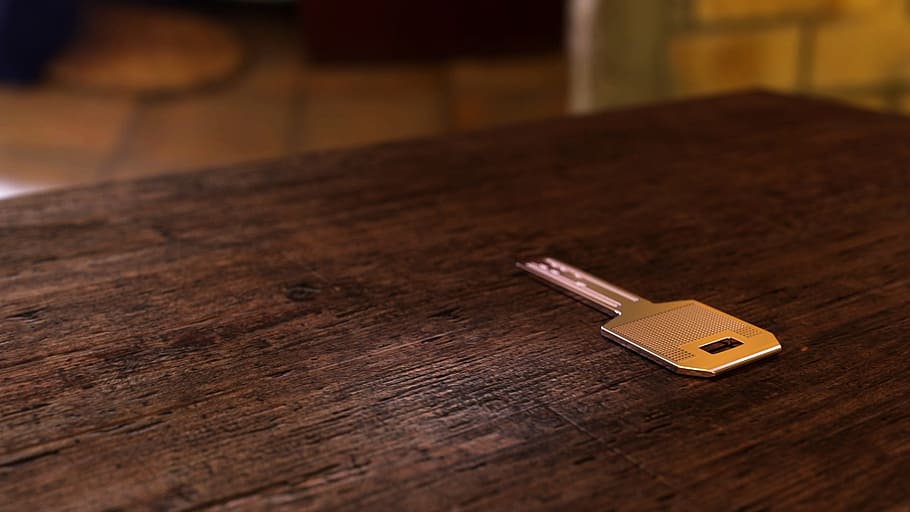 silver key on table, chrome, wood - material, technology, lock HD wallpaper