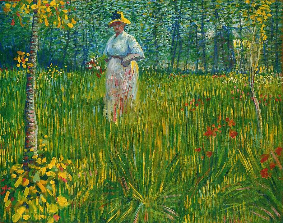 woman wearing hat standing and surrounded by grass painting, vincent van gogh