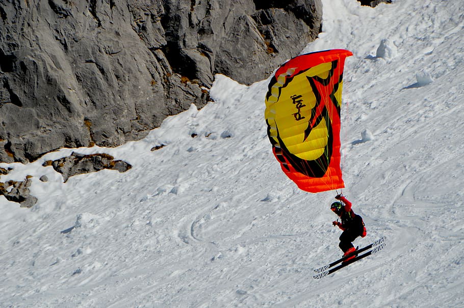person riding parachute and ski, untitled, paraglider, snow, slope HD wallpaper