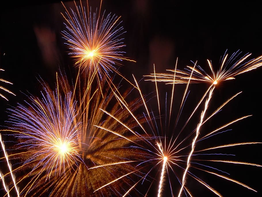 fireworks in sky, sylvester, rocket, night, new year's day HD wallpaper