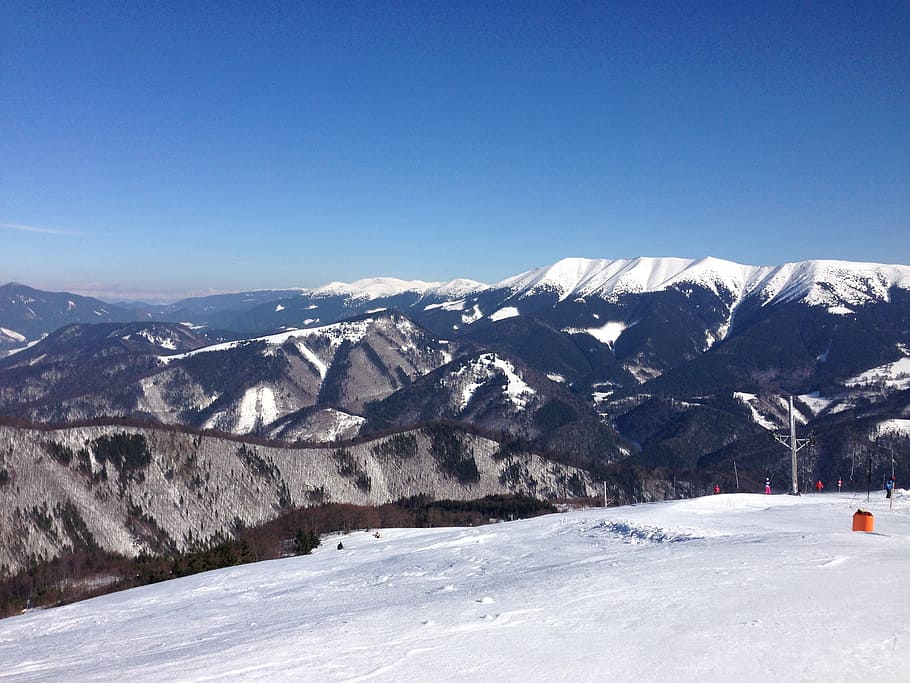 viewpoint, blue, sky, mountains, snow, peaks, snowclad, hiking HD wallpaper