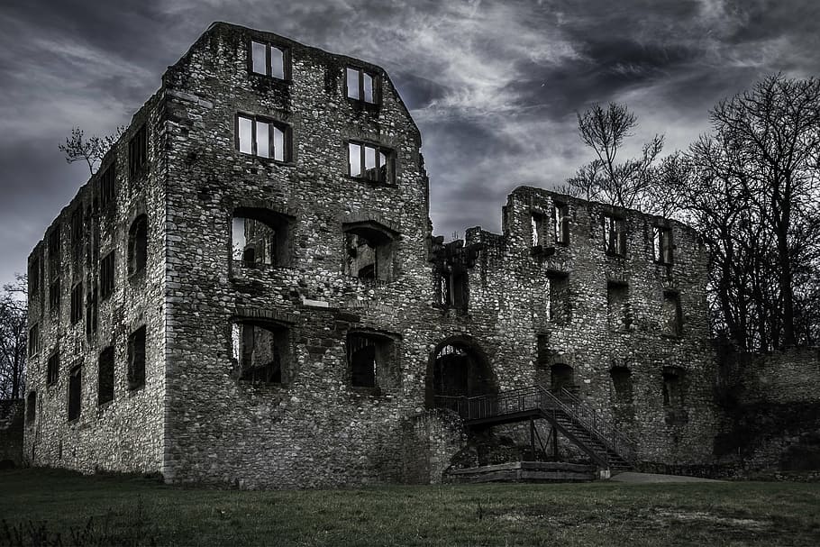 grey concrete building beside bare trees under grey clouds HD wallpaper