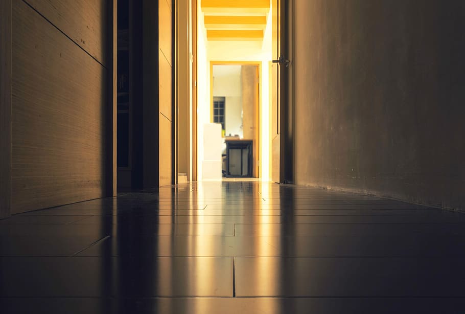 sephia photo of floor tiles between wall, worm's-eye view photography of hallway floor tiles HD wallpaper