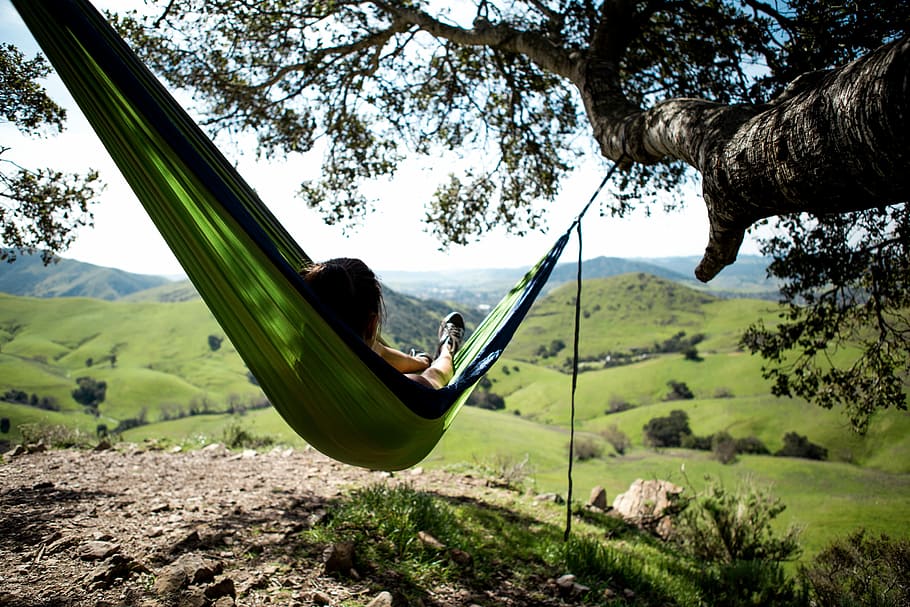 green hammock, person lye on hammock under green tree, hill, landscape HD wallpaper