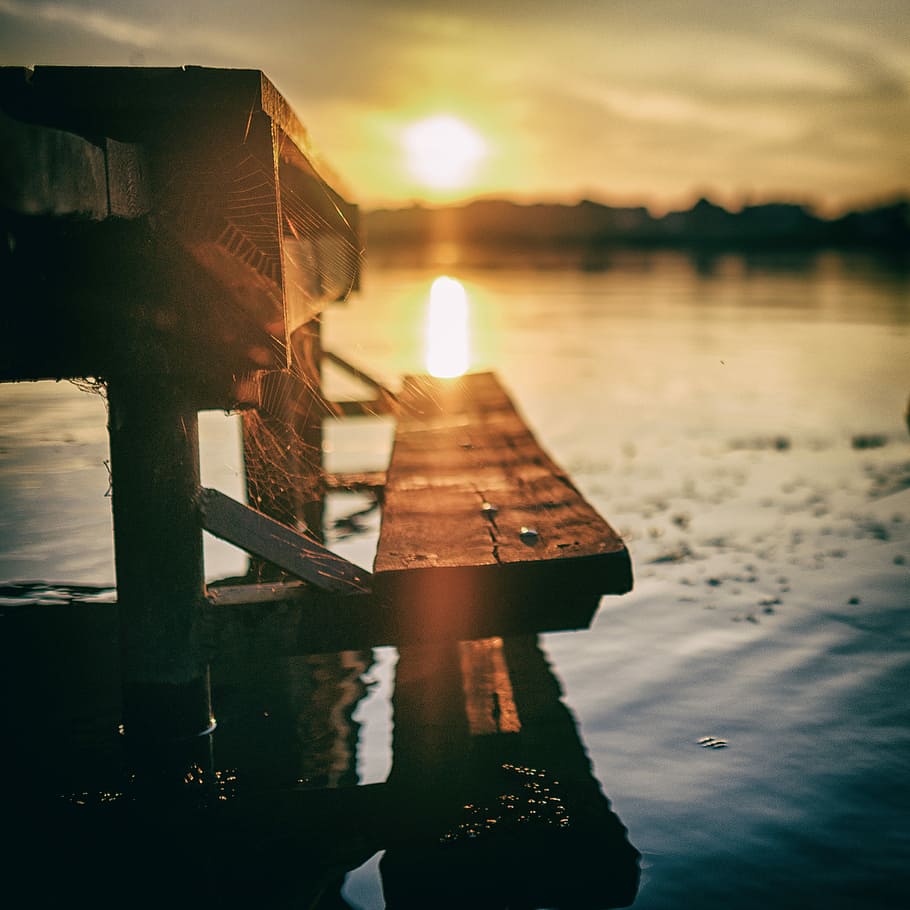 My favorite sunset, low angle photography of dock under sunrise HD wallpaper