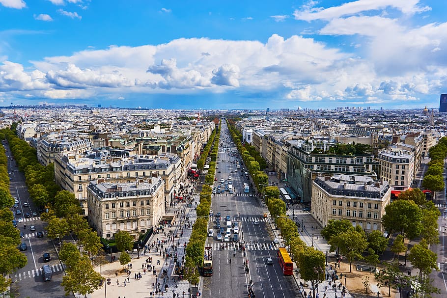 bird's-eye view of building under cloudy sky, paris, france, champs-elysee