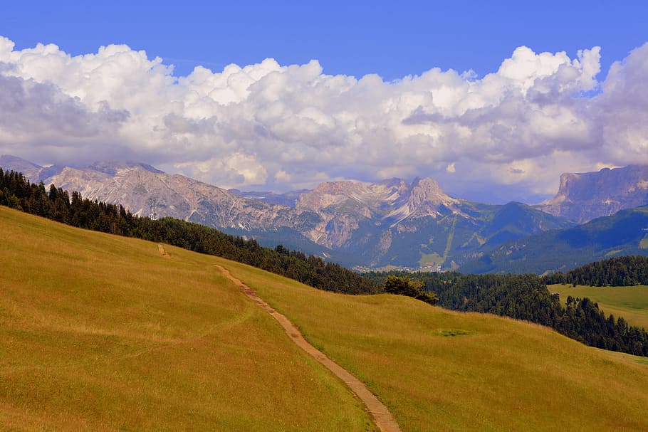 prato, dolomites, sky, clouds, trees, forest, mountain, environment HD wallpaper