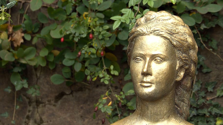 portrait, bust, gilded, artwork, face, female, woman, sculpture HD wallpaper