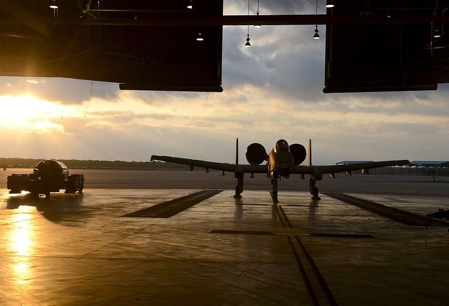 jet, fighter, air force, sunset, hangar, base, silhouette, outside