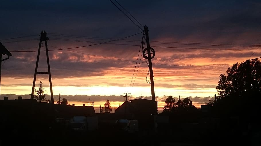 west, sun, clouds, trees, nature, twilight, orange, sky, sunset HD wallpaper
