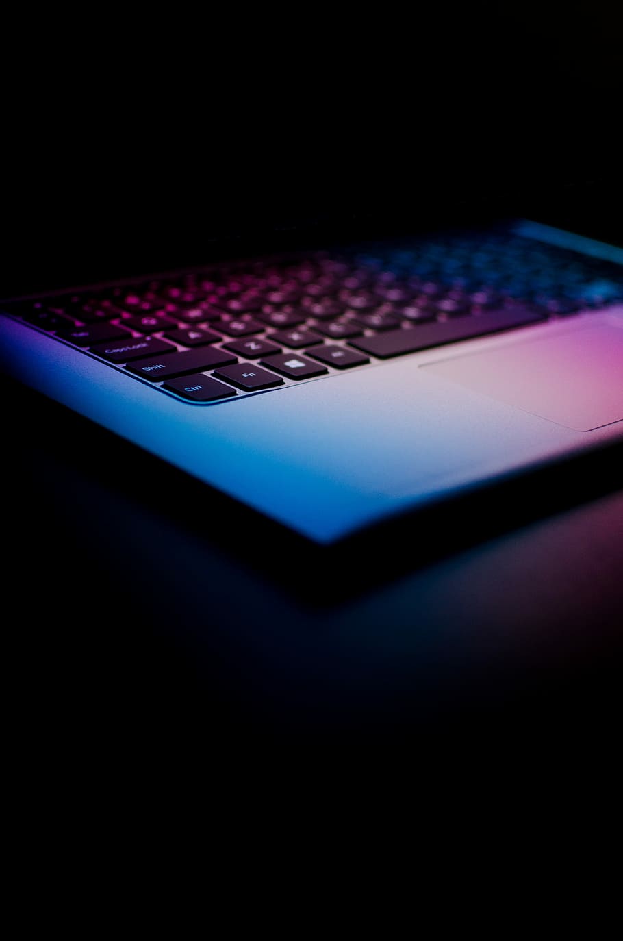 black and silver laptop computer, gray and purple laptop on black surface HD wallpaper
