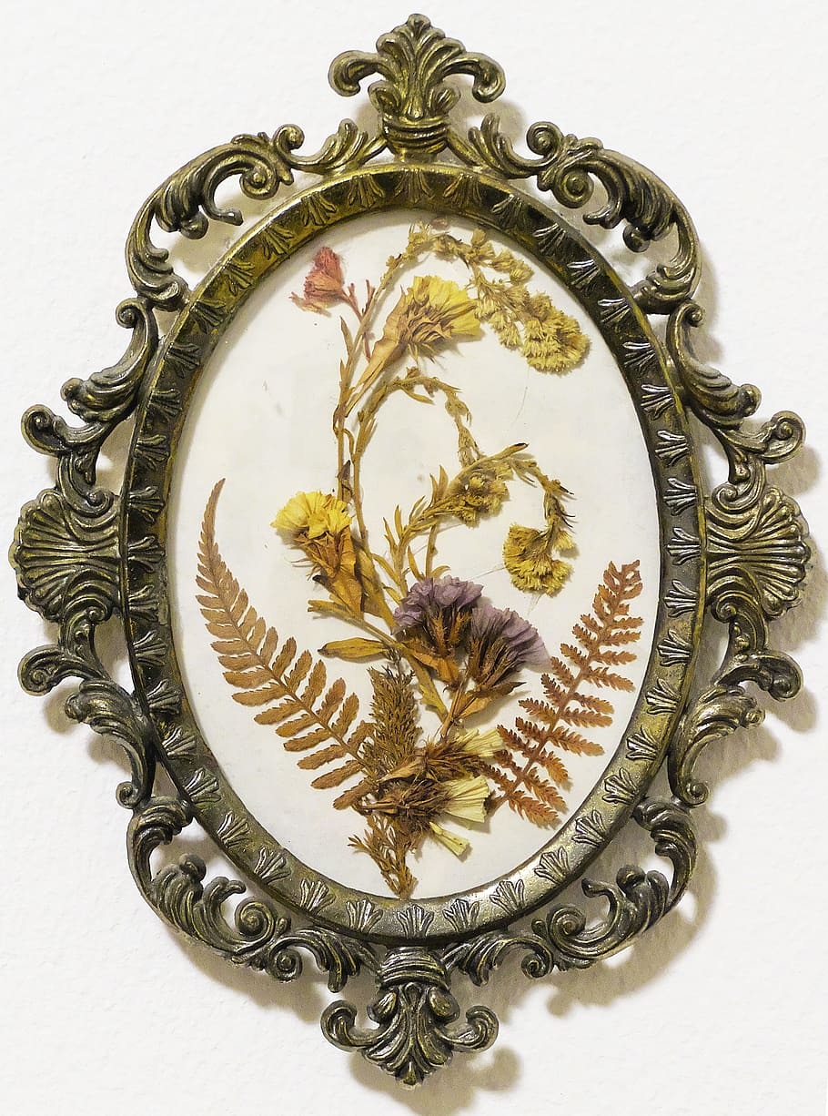 mural, medallion, flower picture, dried flowers, metal frame, HD wallpaper