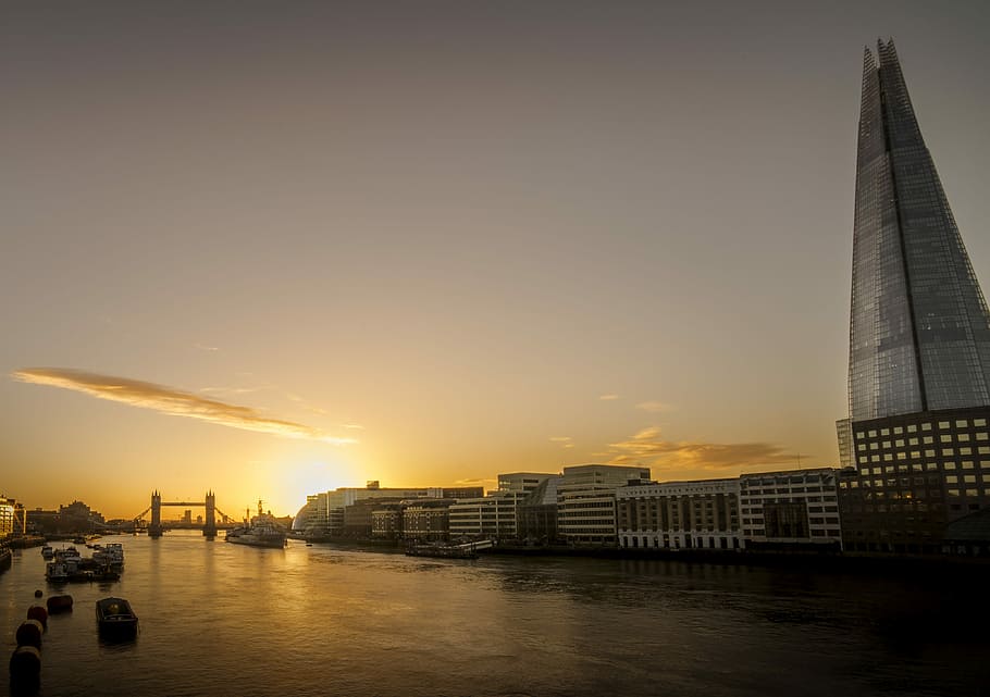 landscape photo of London during daytime, concrete building beside body of water during golden hour HD wallpaper