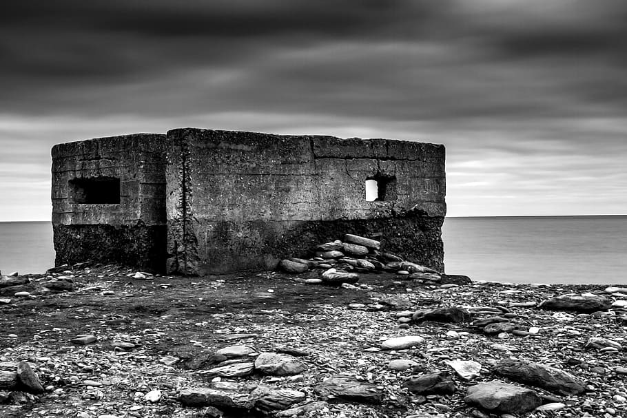 grayscale photography of concrete house, Pill Box, World War Two, HD wallpaper