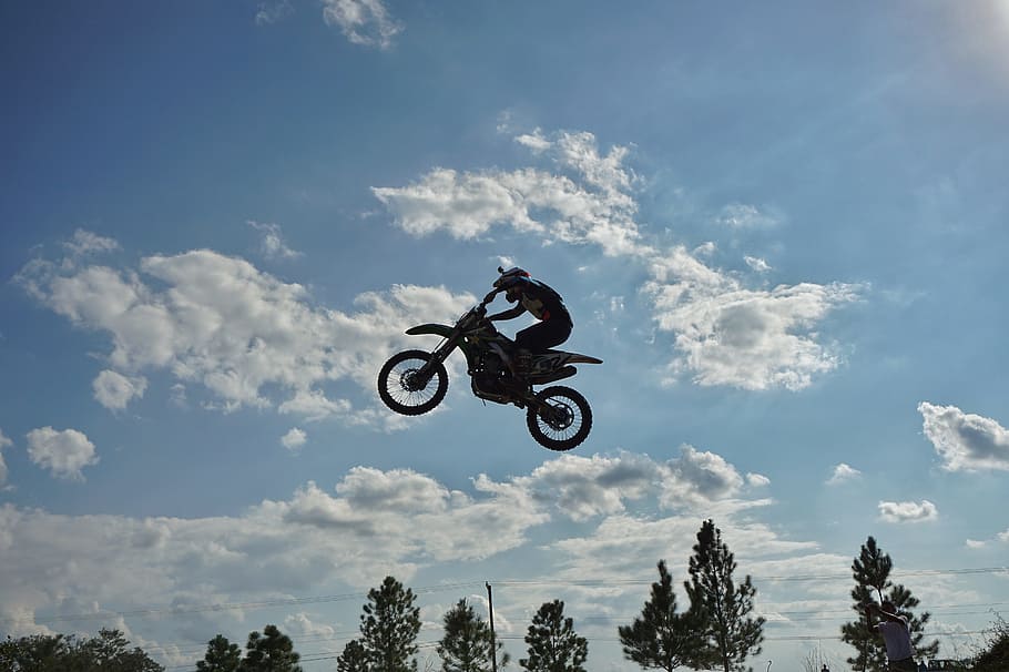 motorcross, motorsport, dirt bike, jump, adrenaline, ramp, sky, HD wallpaper