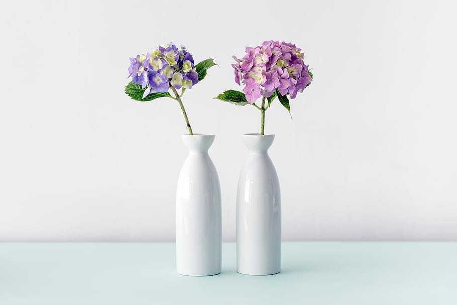 two milk glass vase with flowers, white, ceramic, purple, lavender HD wallpaper