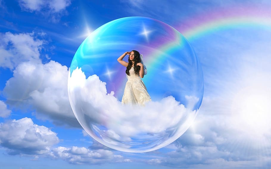woman in white dress inside bubble, fee, angel, elf, wing, mystical