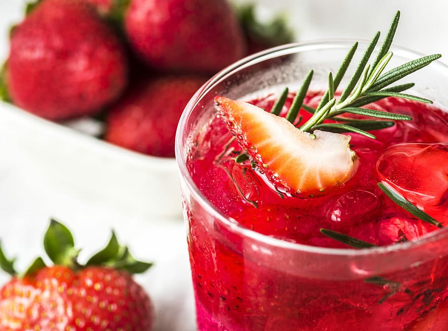 strawberry juice with rosemary herb on focus photo, antioxidant