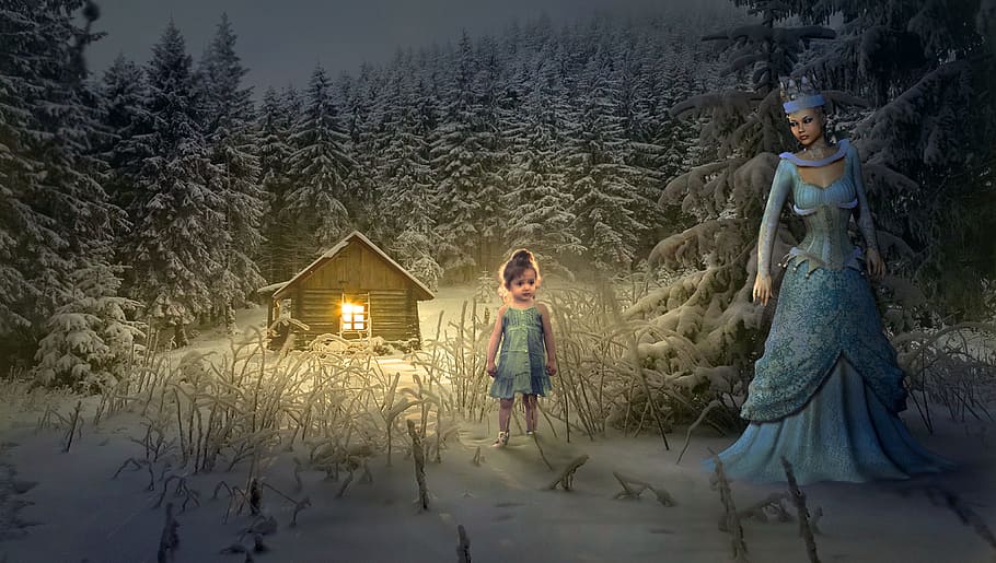 woman and girl standing beside tree during nighttime, fairy tales