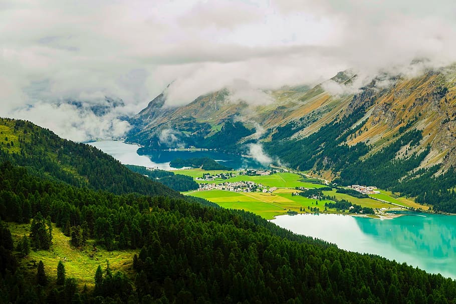 switzerland, landscape, sky, clouds, fog, sunrise, lake, water HD wallpaper