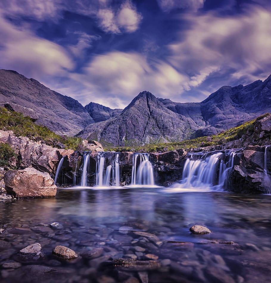 photography of waterfalls near mountains, cascade, cloudy, environment HD wallpaper