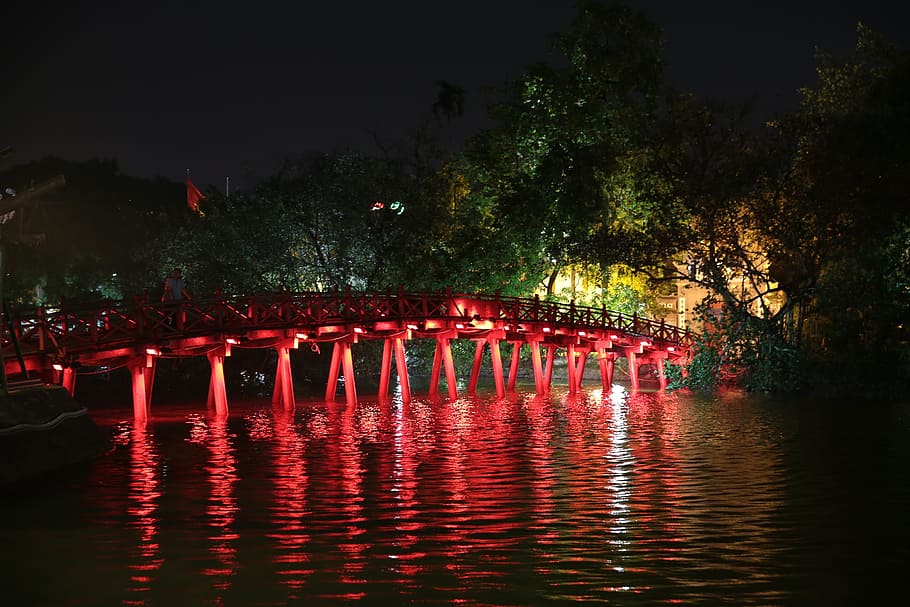 hanoi, viet nam, bridge, night, tree, water, plant, waterfront, HD wallpaper