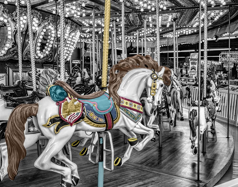 selective color photo of carousel horse, merry-go-round, roundabout