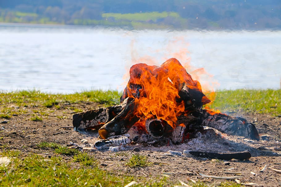 campfire, lake, grilling, romance, nature, water, burning, heat - temperature HD wallpaper