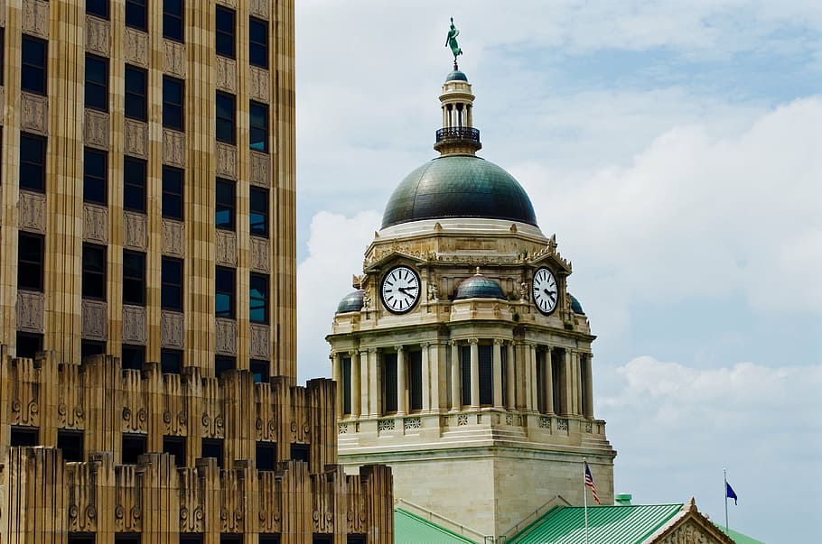 architecture, building, clock, clouds, construction, flags HD wallpaper