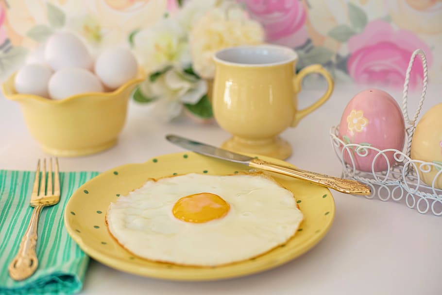 yellow ceramic mug near round yellow plate with fried egg on top HD wallpaper