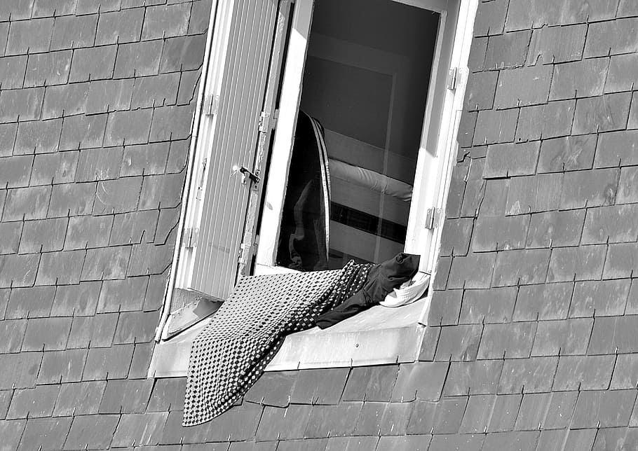 Window, Linen, Street, Ventilation, Air, black and white, facade HD wallpaper