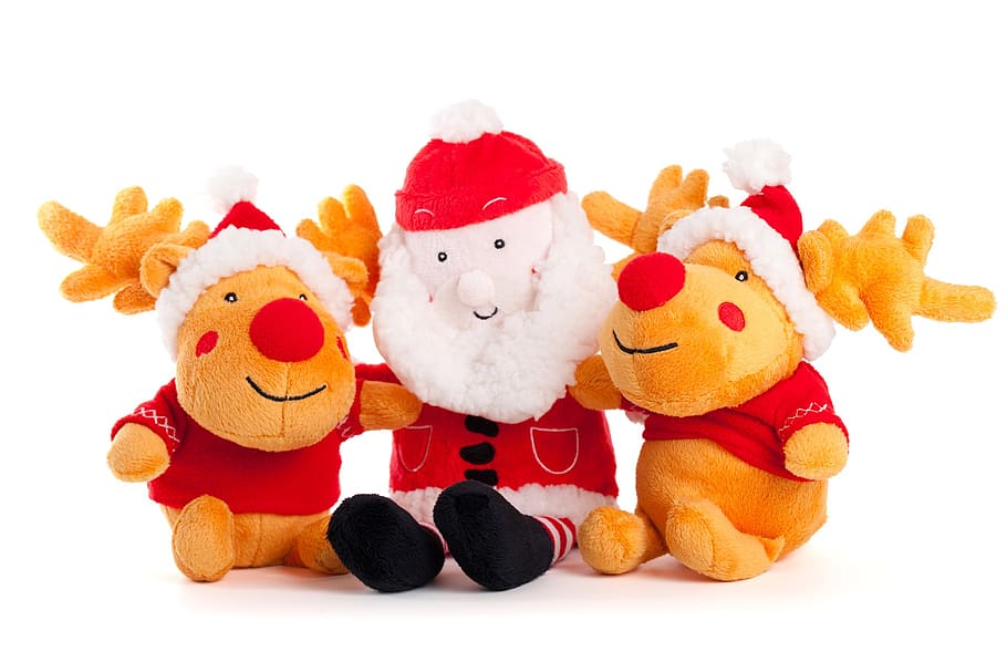 three red, white, and orange Santa Claus and reenders plush toys HD wallpaper