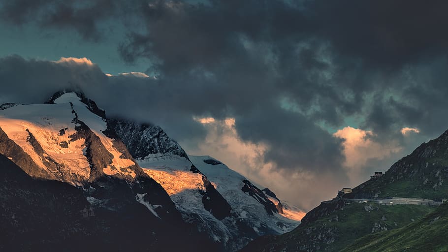 sky, dark, cloud, mountain, highland, tree, plant, nature, landscape HD wallpaper