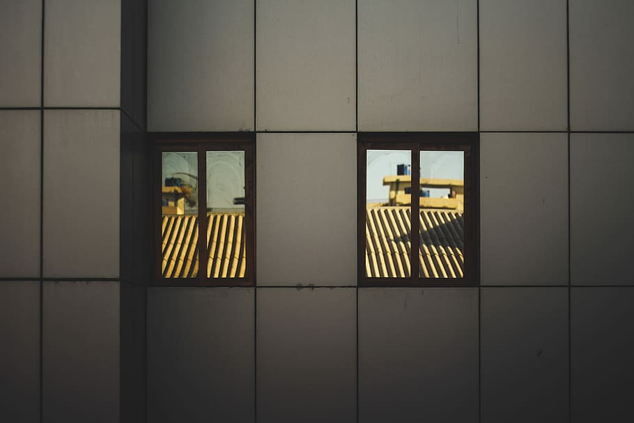 two windows viewing roofs during day, two black window frames HD wallpaper