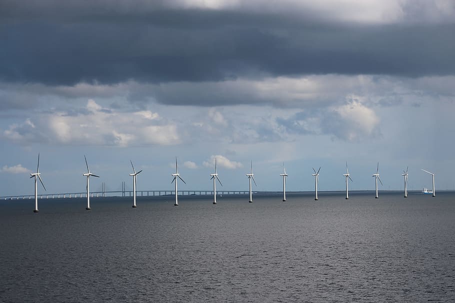 Oresund, Denmark, Sweden, Copenhagen, bridge, wind Turbine, HD wallpaper