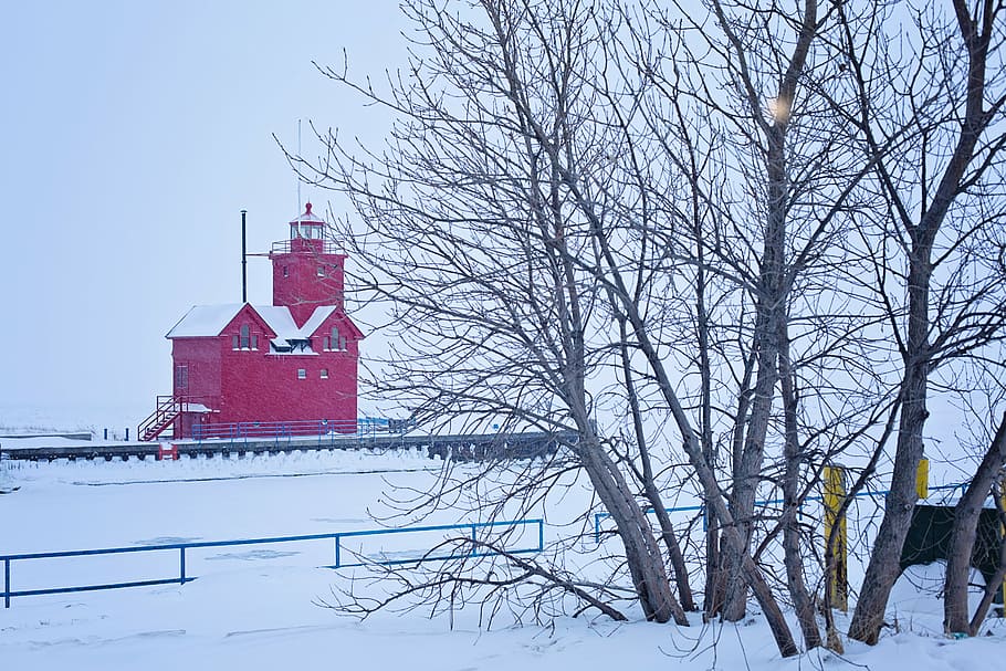 lighthouse, winter, red, snow, ice, landscape, cold, nautical HD wallpaper