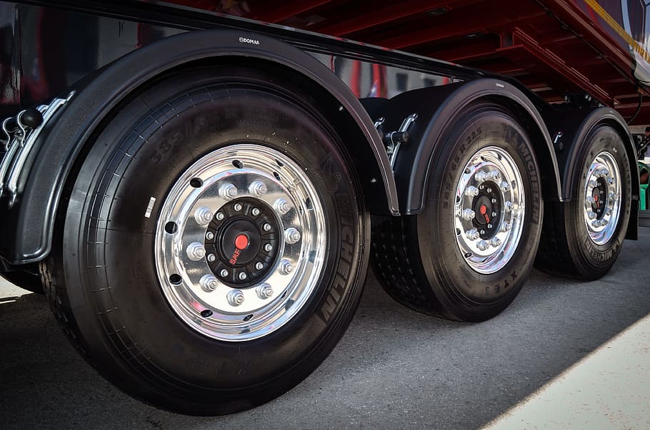 three chrome truck wheels and tires, car, rim, tyres, car tires
