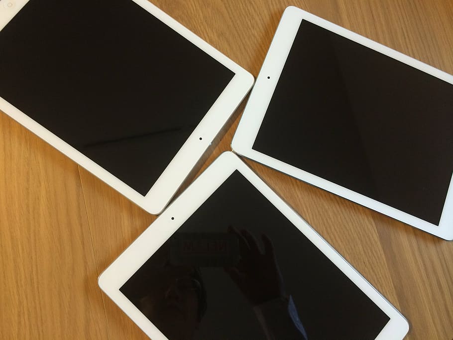 three white iPad, tablet computers, technology, education, wood - material HD wallpaper