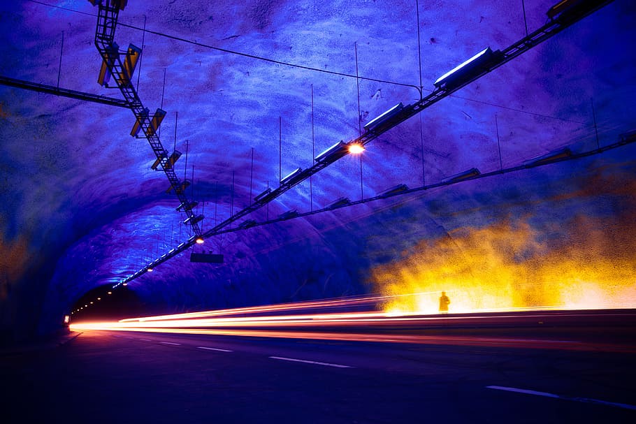 blue, light, dark, road, illuminated, transportation, long exposure HD wallpaper