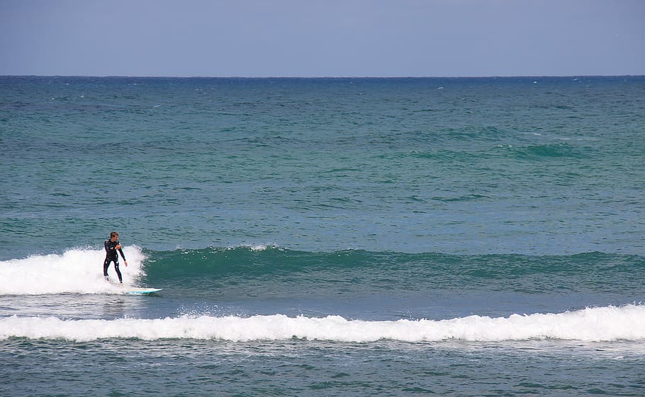 Beach, Ocean, Waves, Surfer, klitmoeller, surfing, sports, blue sky, HD wallpaper