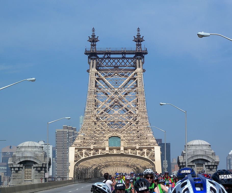 New York City, Bridge, People, urban, bicyclists, sky, clouds, HD wallpaper