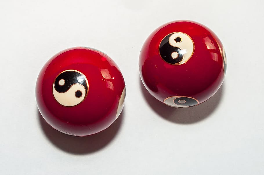 two red balls, qi gong, hollow balls, yin, yang, about, metal