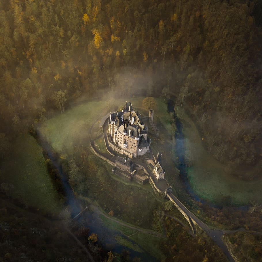 white concrete castle painting, aerial photography of castle surrounded by trees at daytime HD wallpaper