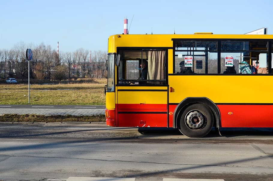 yellow and red bus parked on roadside, Communication, urban HD wallpaper