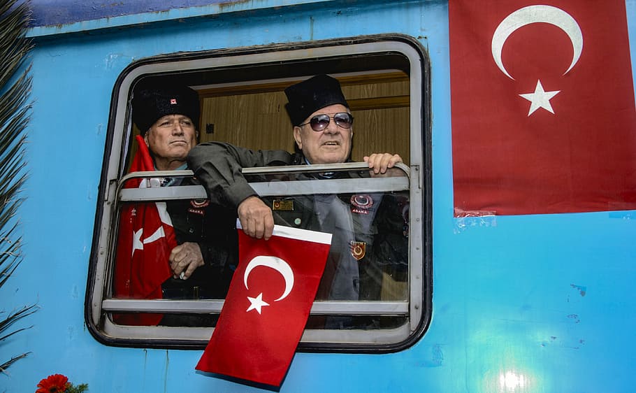 soldier holding flag of Turkey in train, people, window, turkish HD wallpaper