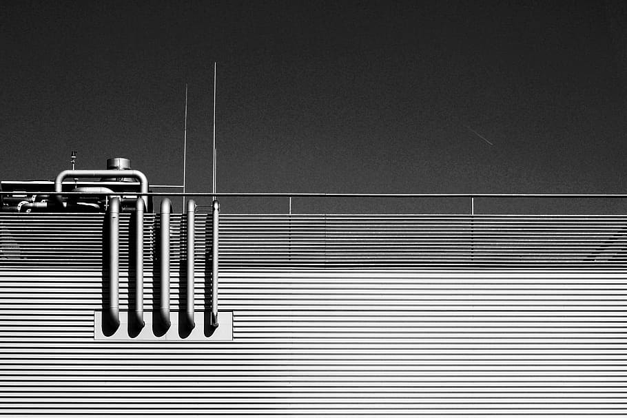 grayscale photo of building with pipes, architecture, structure HD wallpaper