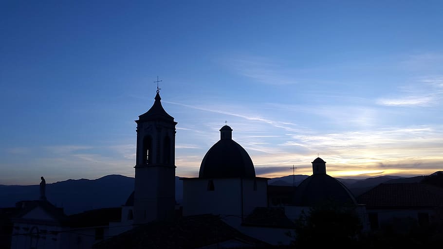 churches, cathedral, sunset, silhouettes, baunei, sardinia HD wallpaper