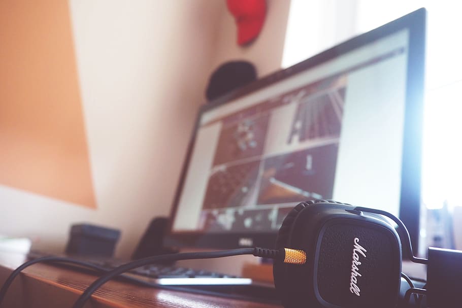 marshall, audio, speaker, equipment, work, desk, computer, desktop HD wallpaper