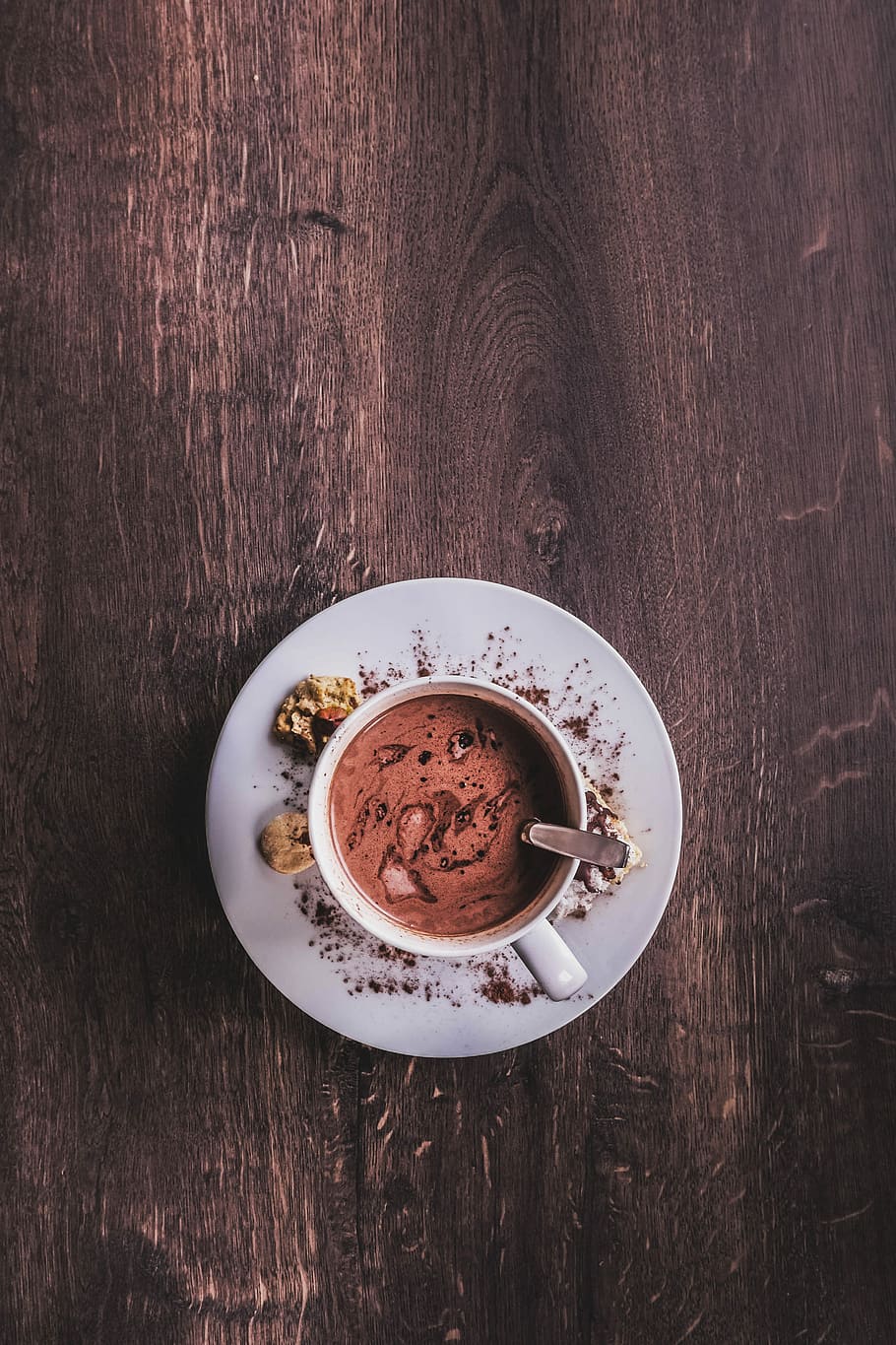 Chocolate coffee, top view photo of hot chocolate on white ceramic mug HD wallpaper