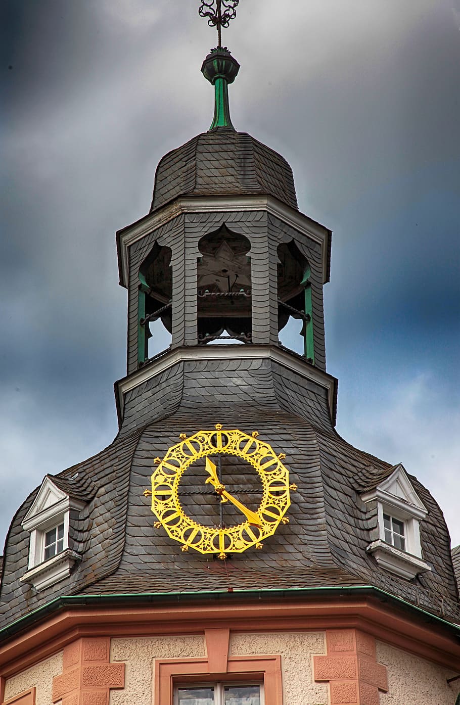 clock, golden, tower, slate, bell, time of, pointer, antique HD wallpaper